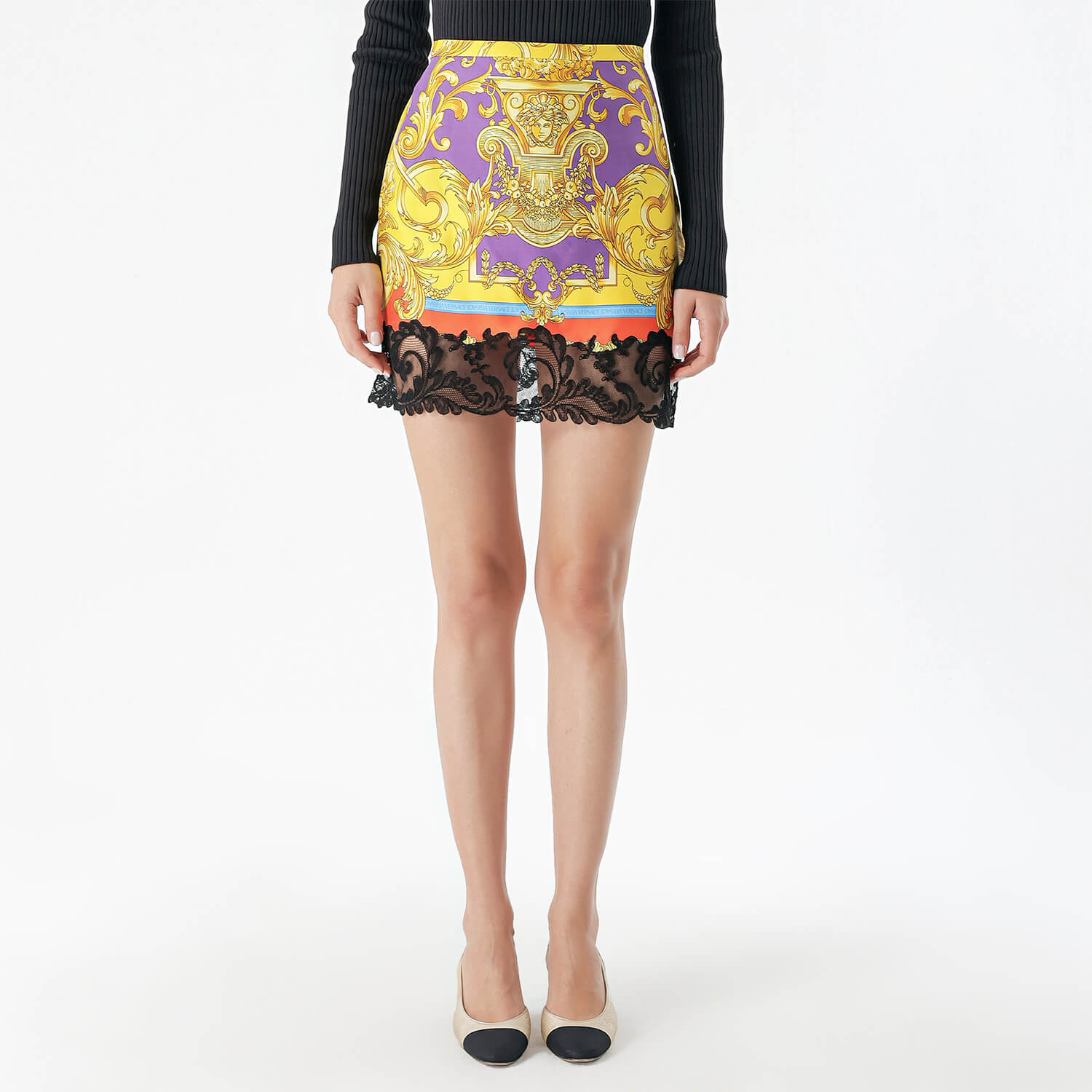 Versace - Gold Baroque Satin Lace Mini Skirt